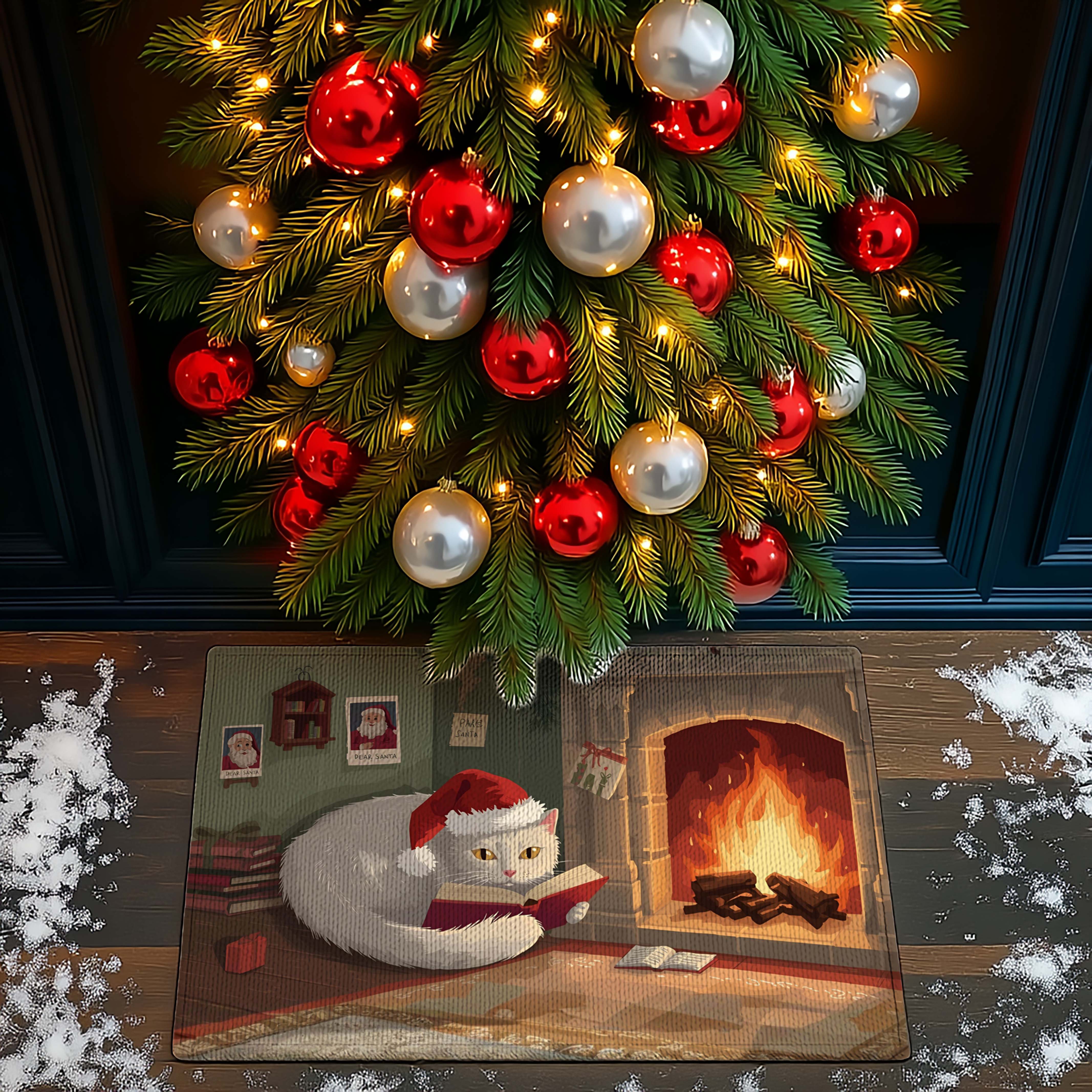 Santa Hat Cat Book Lover Doormat - DMRC003