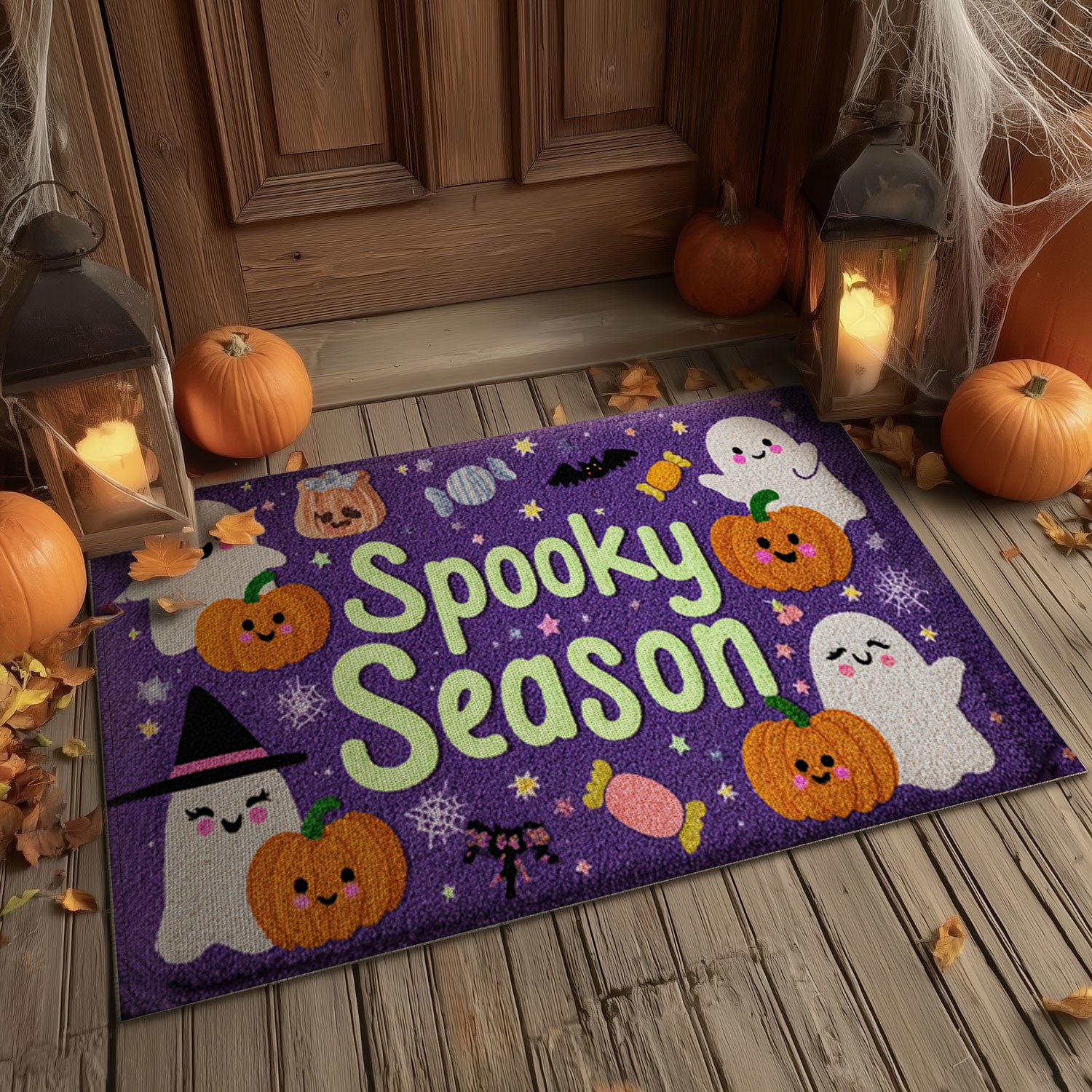 Smiling Ghost and Jack-o'-Lantern Welcome Mat