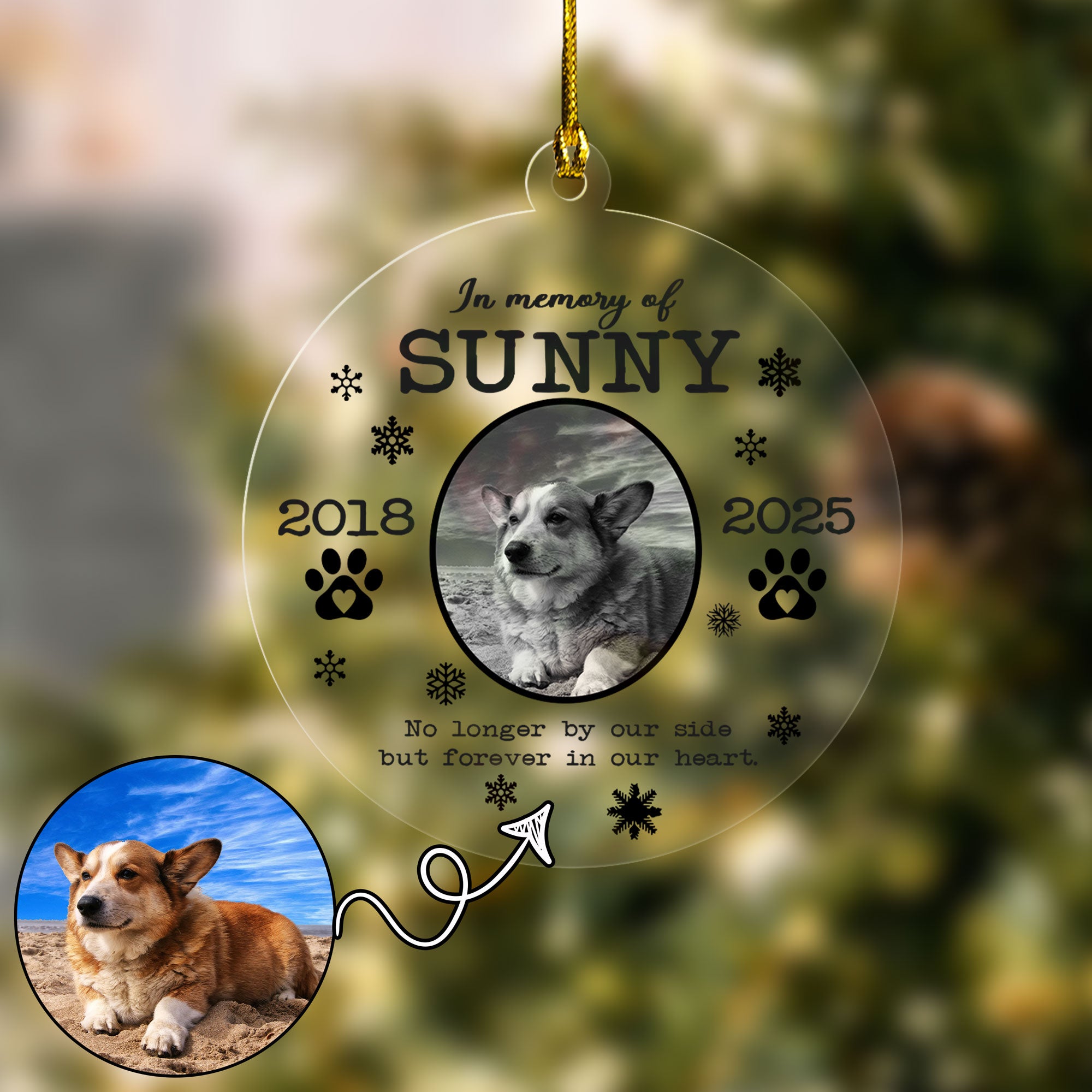 Snowflake and Paw Print Memorial Dog/Cat Photo Christmas Ornament