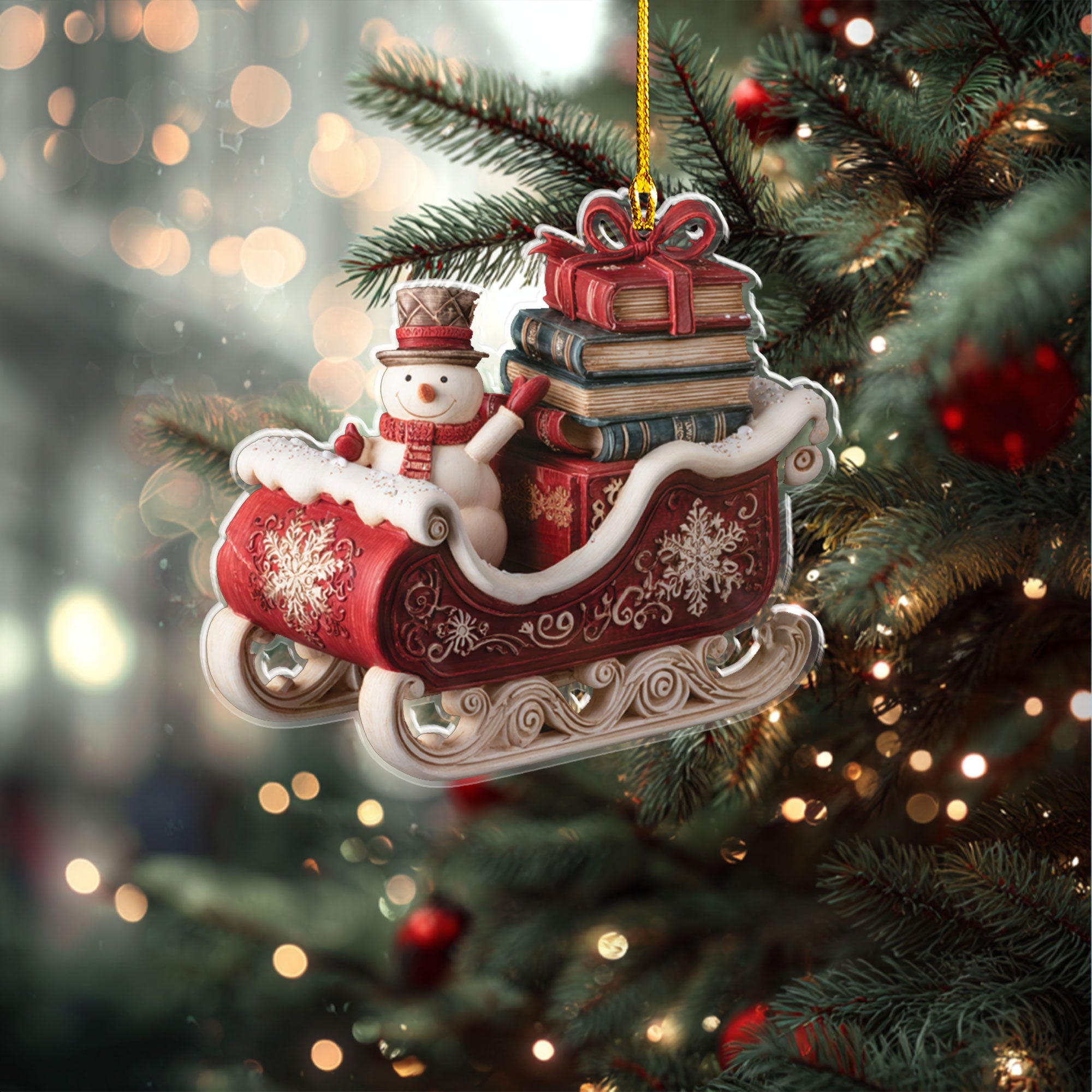 Snowman with Stack of Book Gifts in Sleigh Ornament - ORD9C001