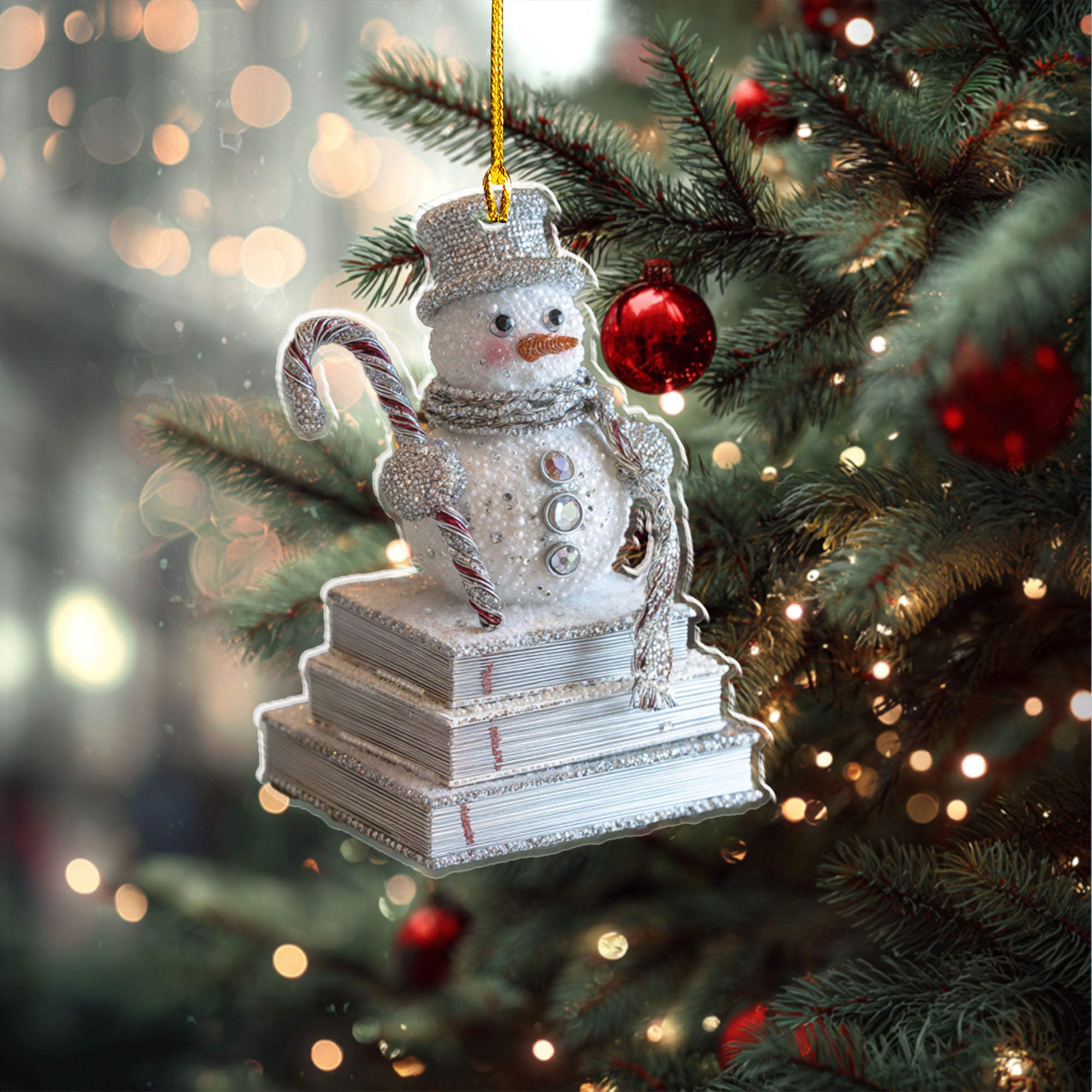 Sparkly Snowman with Books & Candy Cane Ornament - ORD9C001
