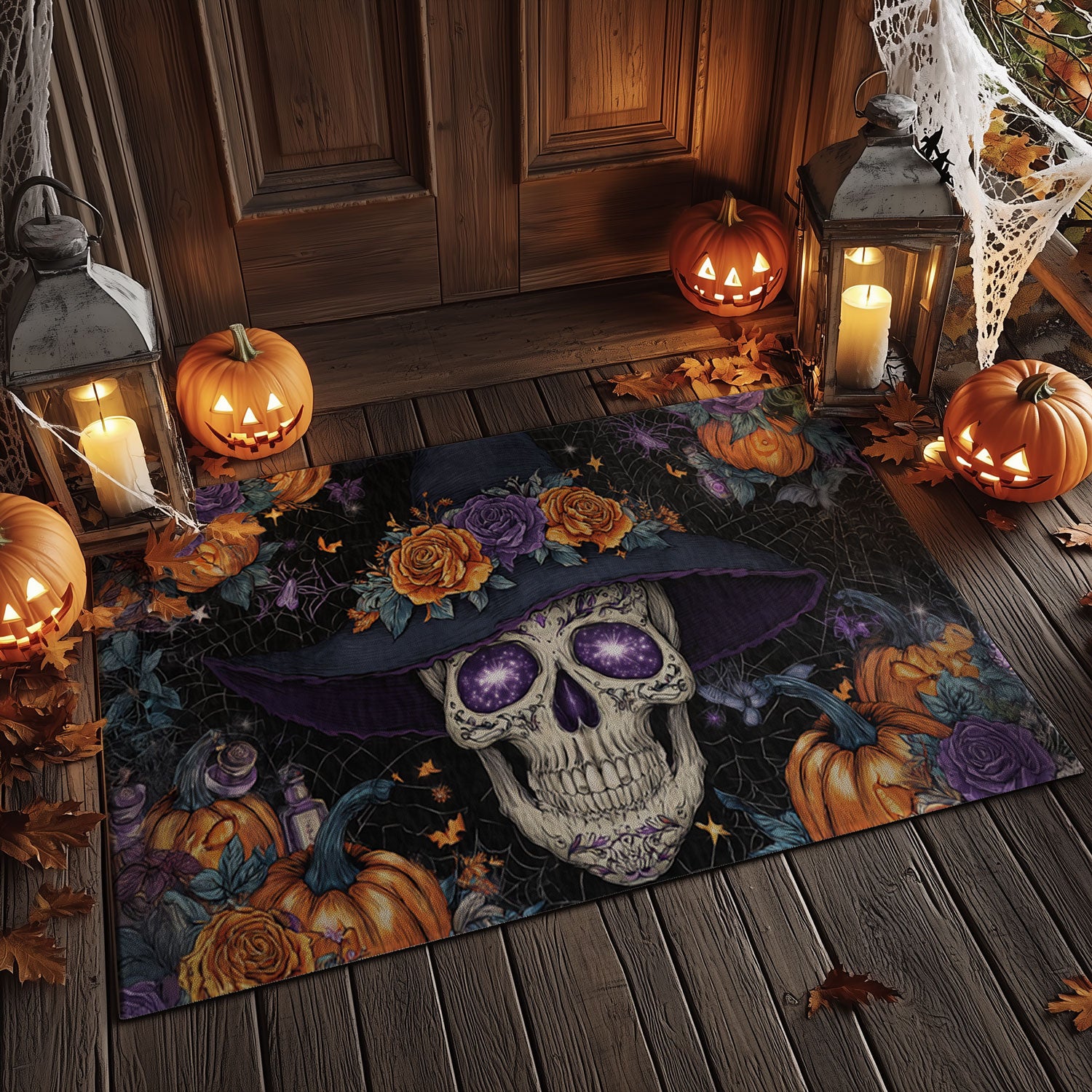 Sugar Skull & Floral Witch Hat Doormat | Halloween Mat