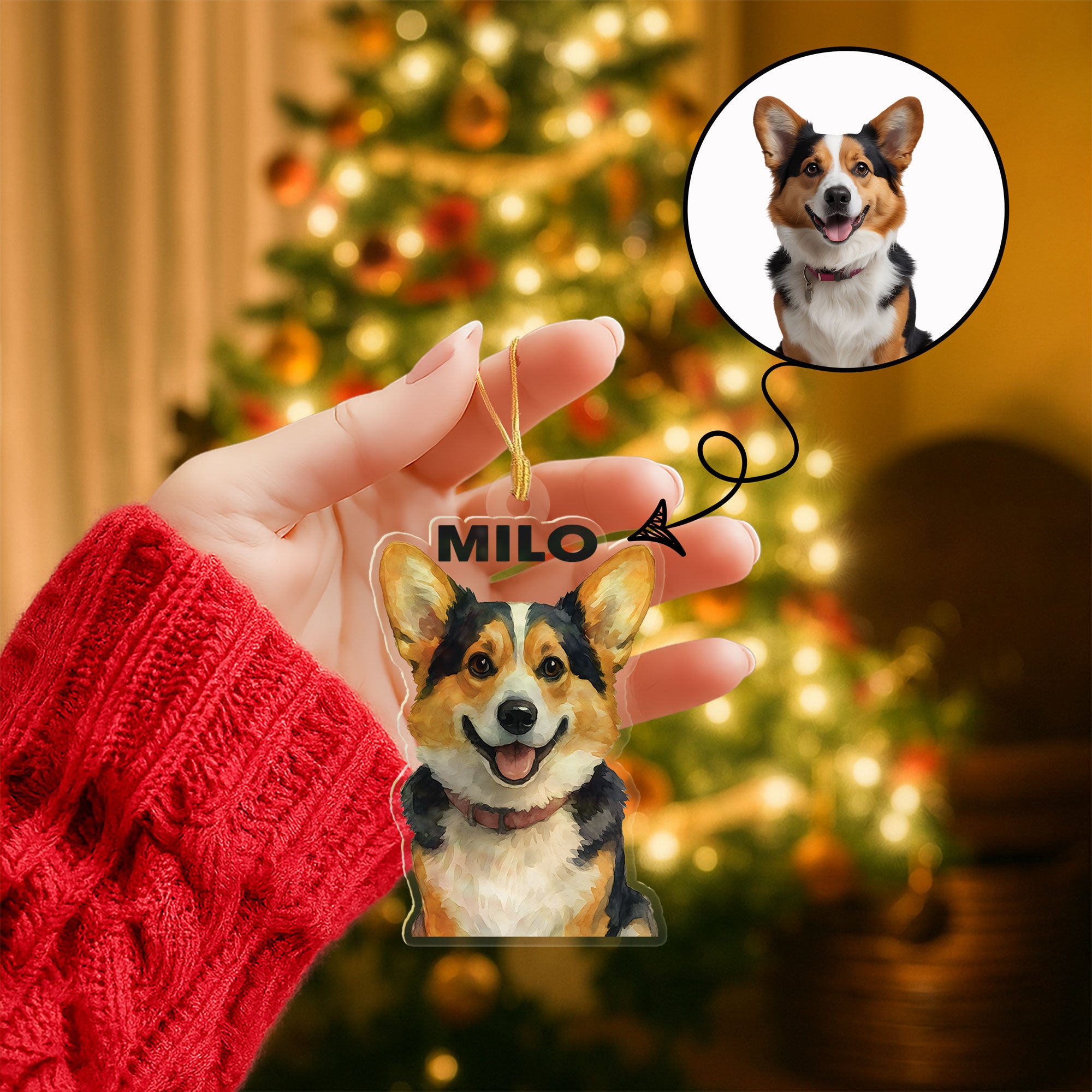 Vibrant Color Sketch Dog/Cat Photo Printed Christmas Ornament