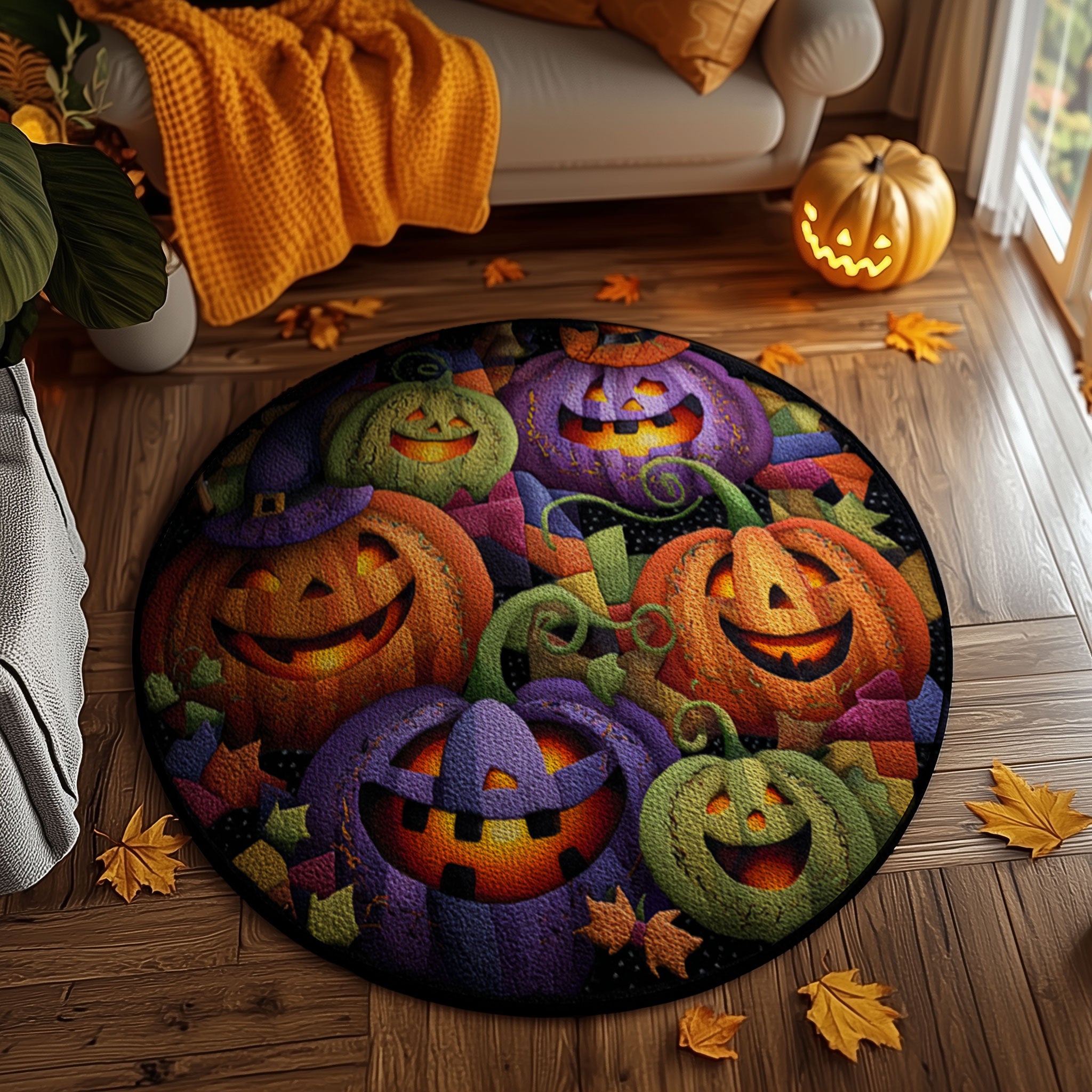 Vibrant Pumpkin Patch Round Rug