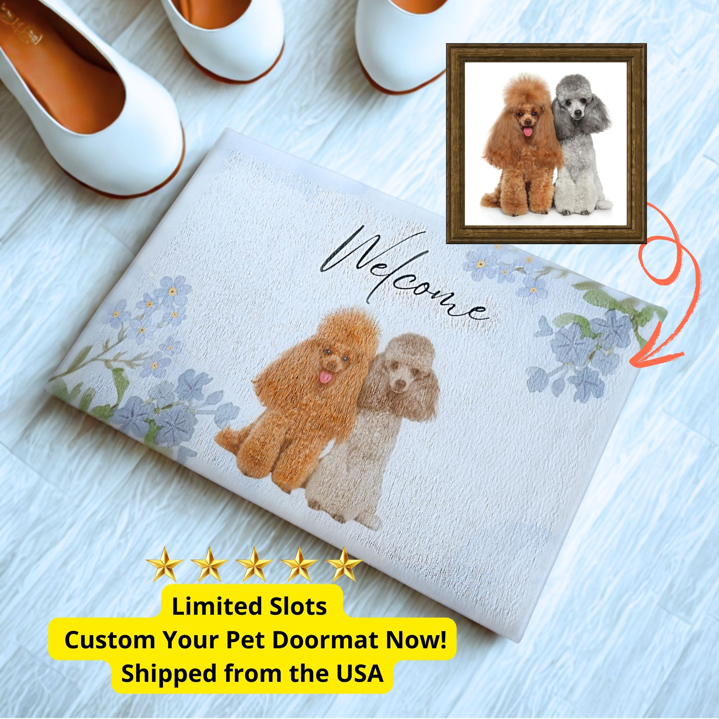 White Welcome & Pastel Blue Flowers - Custom Pet Doormat